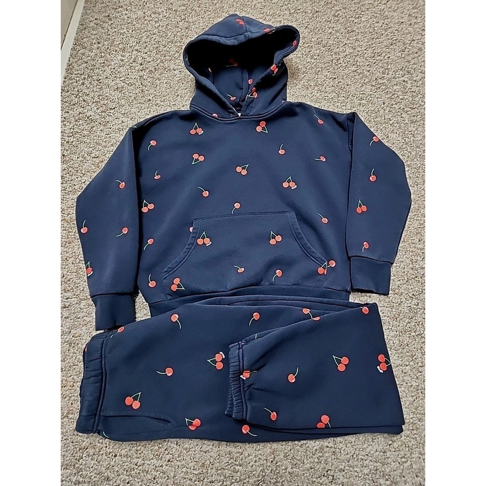 Starfit‎ Navy Blue Cherry Print Matching Set XS Cotton Blend Hoodie Joggers